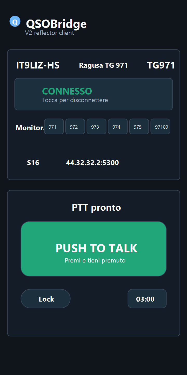 Anteprima QSOBridge con PTT e stato connessione